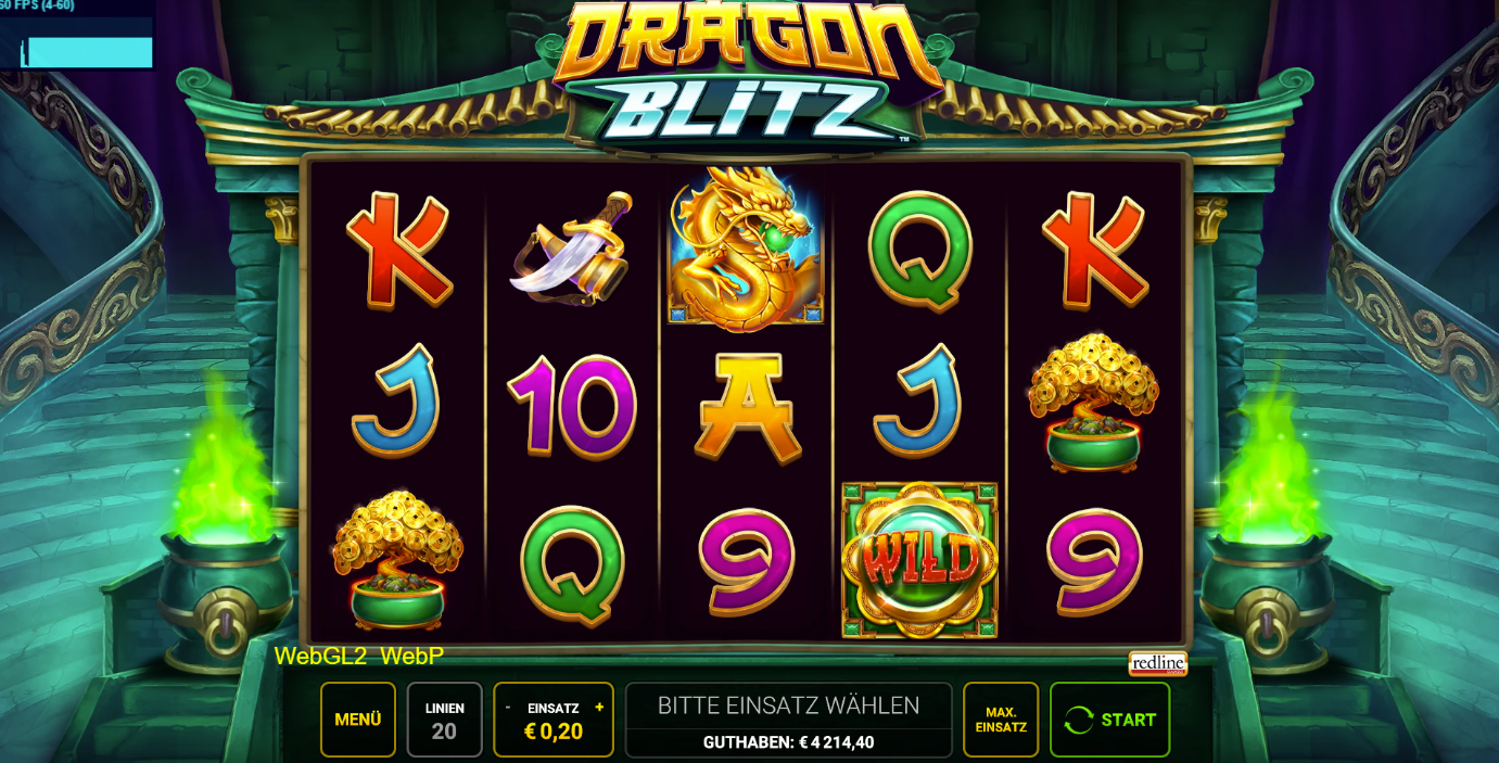 Dragon-Blitz-Slot mit goldenem Drachensymbol, Dolchen, Goldhaufen und gr&uuml;nem Wild‑Symbol.