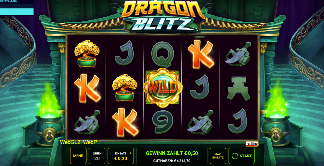 Dragon-Blitz-Slot mit goldenem Wild‑Symbol, Goldhaufen, Dolchen und Kartenzeichen.