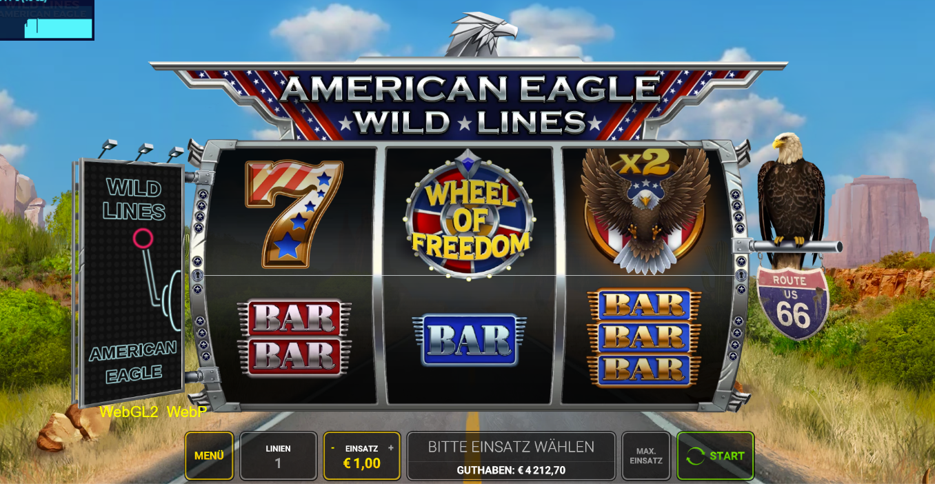 Wild Line-American-Eagle-Slot mit USA‑Sieben, Wheel‑of‑Freedom, Adler‑Symbol und gestapelten Bar‑Symbolen.