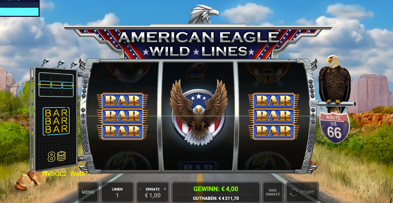 Wild Line-American-Eagle-Slot mit Adler‑Symbol in der Mitte und hohen gestapelten Bar‑Symbolen auf beiden Seiten.