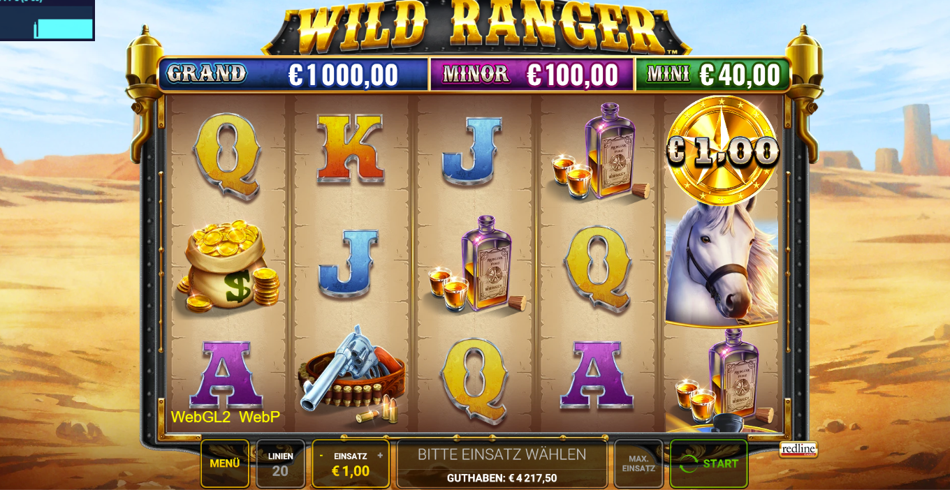 Wild-Ranger-Slot mit Kartenzeichen, Golds&auml;cken, Whiskeyflaschen, Sternsymbol und Pferd.