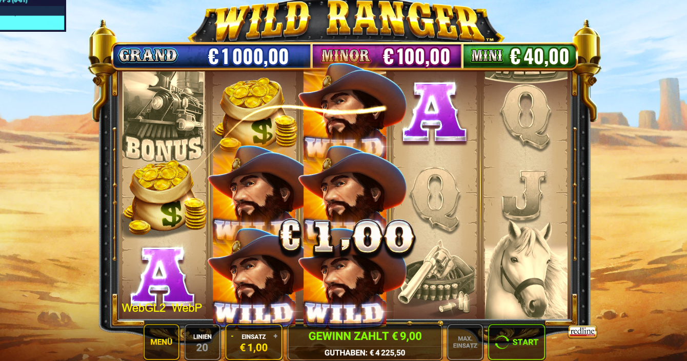 Wild-Ranger-Slot mit Bonus‑Poster, Golds&auml;cken, Wild‑Cowboy‑Symbolen und Kartenzeichen.