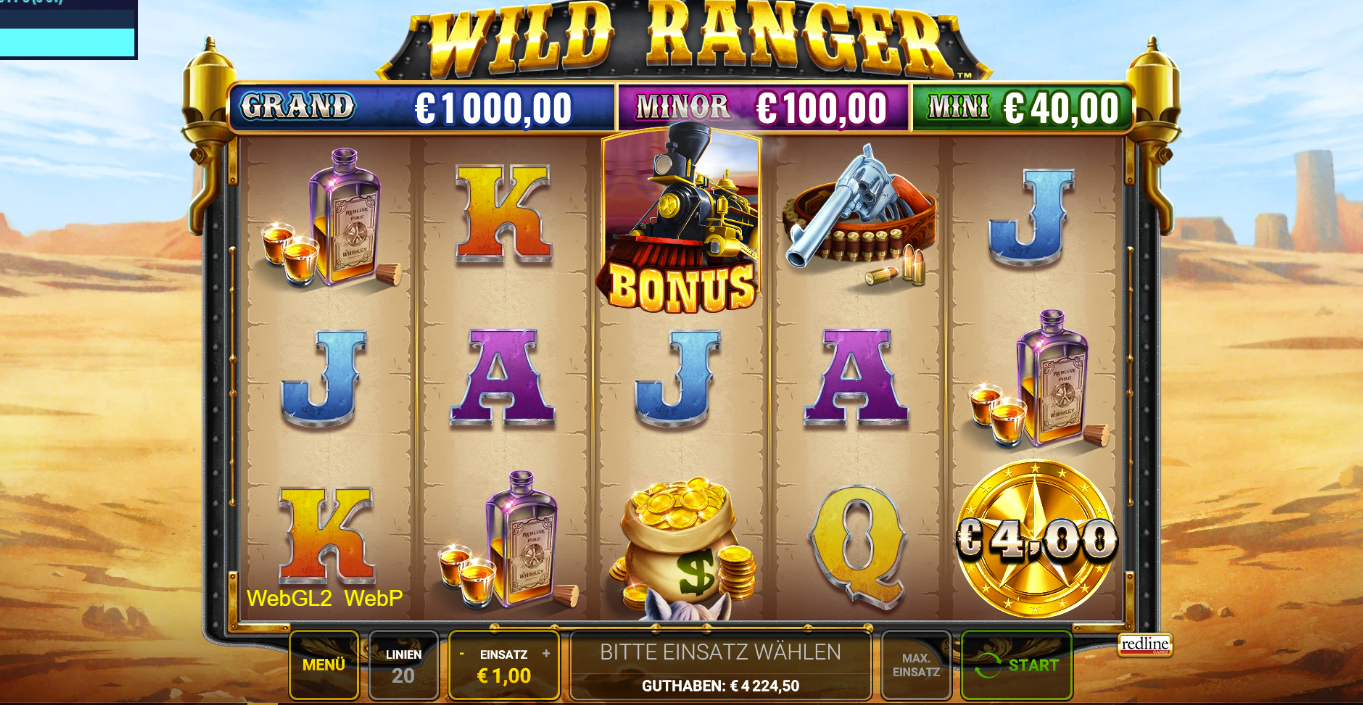 Wild-Ranger-Slot mit Bonus‑Lok, Revolver, Whiskeyflaschen, Kartenzeichen und goldenen Sternen.