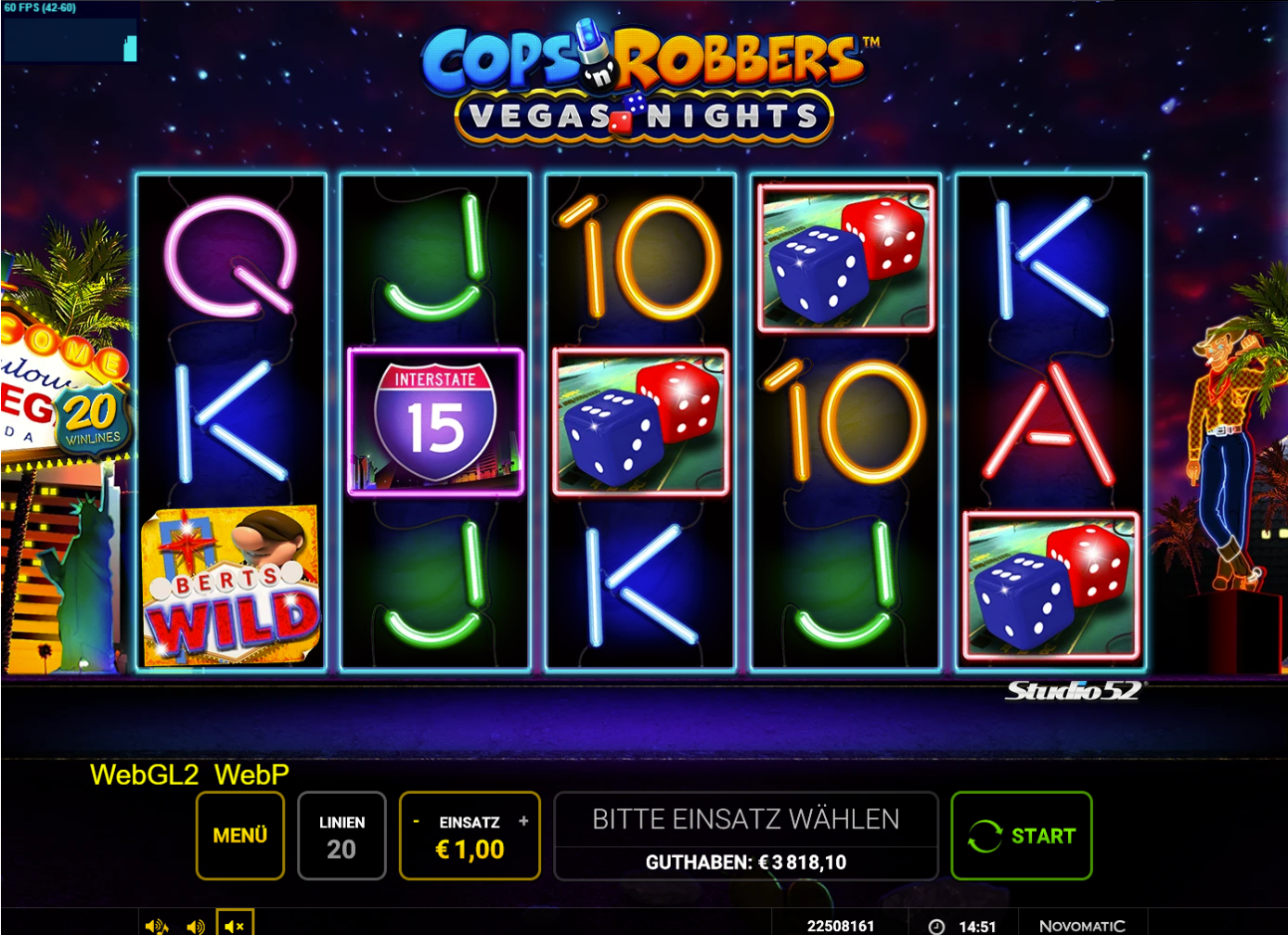 Cops-'n'-Robbers&ndash;Vegas-Nights-Slot mit Wild‑Symbol, W&uuml;rfeln, Interstate‑15‑Schild und Neonzeichen.