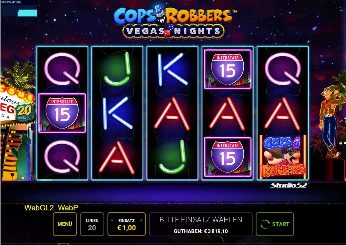 Cops-'n'-Robbers&ndash;Vegas-Nights-Slot mit Interstate‑15‑Schildern, Wilds und Neon‑Buchstaben.
