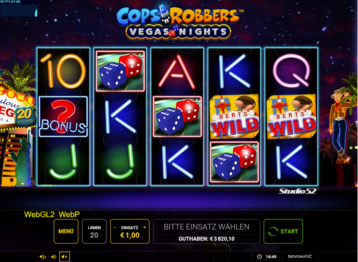 Cops-'n'-Robbers&ndash;Vegas-Nights-Slot mit W&uuml;rfeln, Neon‑Bonus, Wild‑Symbolen und Kartenwerten.