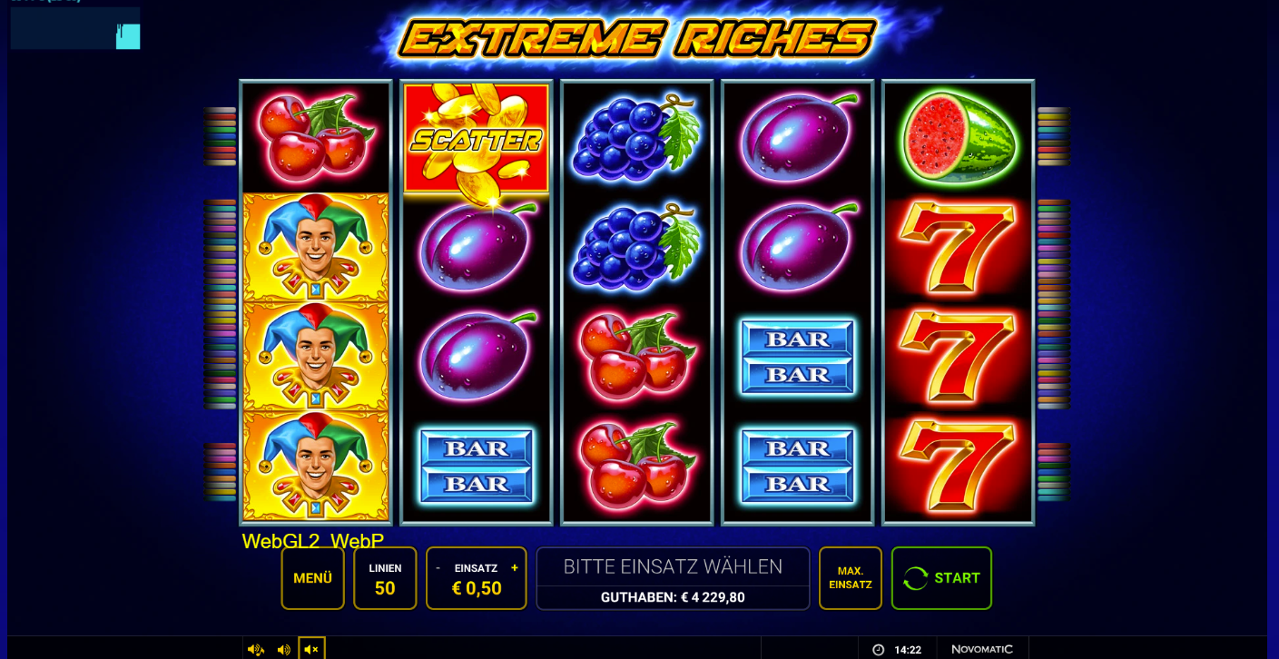 Extreme-Riches-Slot mit Fr&uuml;chten, Bar‑Symbolen, Siebenern, Scatter‑Glocken und Joker‑Wilds.