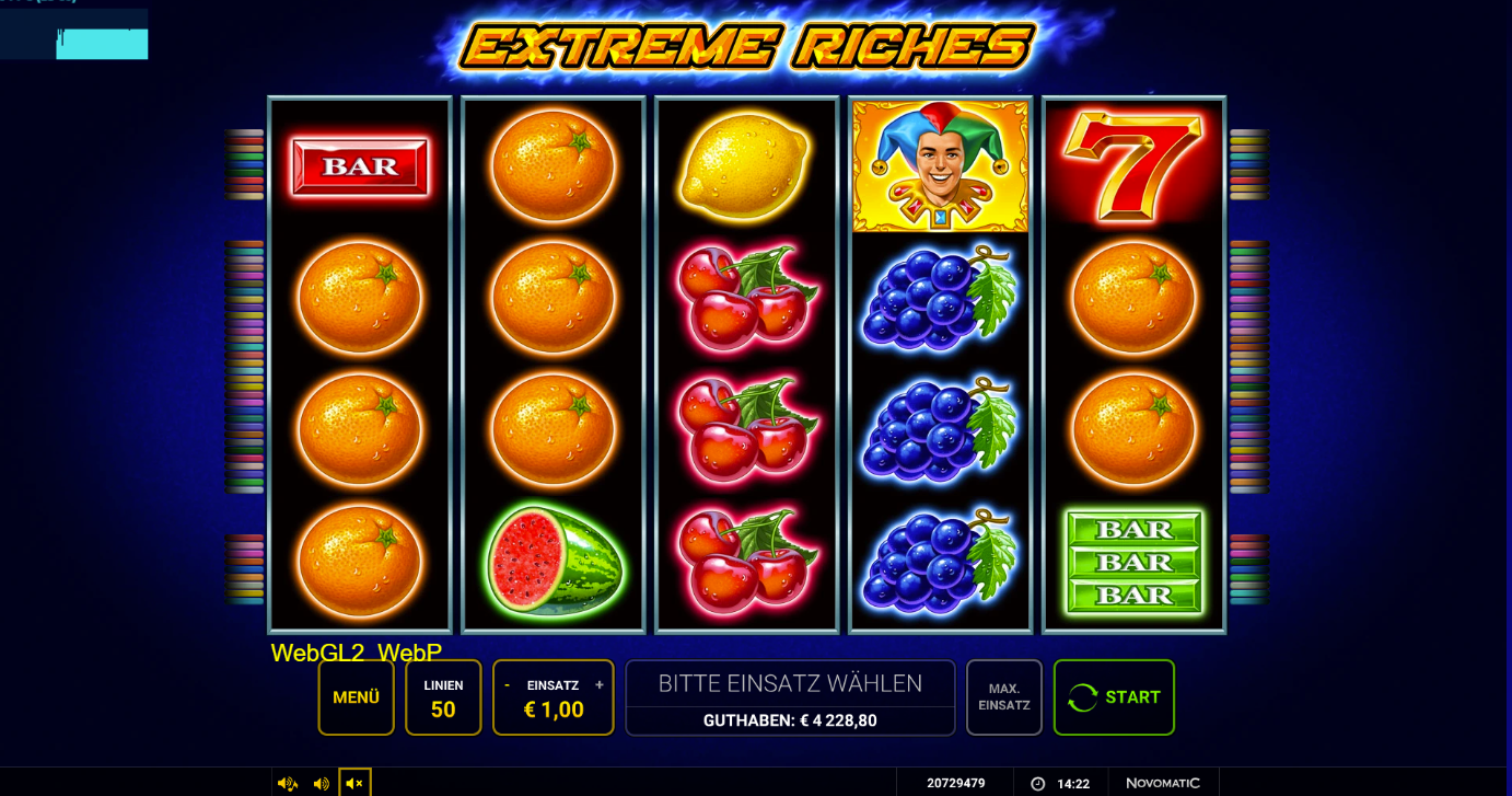 Extreme-Riches-Slot mit Fr&uuml;chten, Bar‑Symbol, Joker‑Wild und roter Sieben.