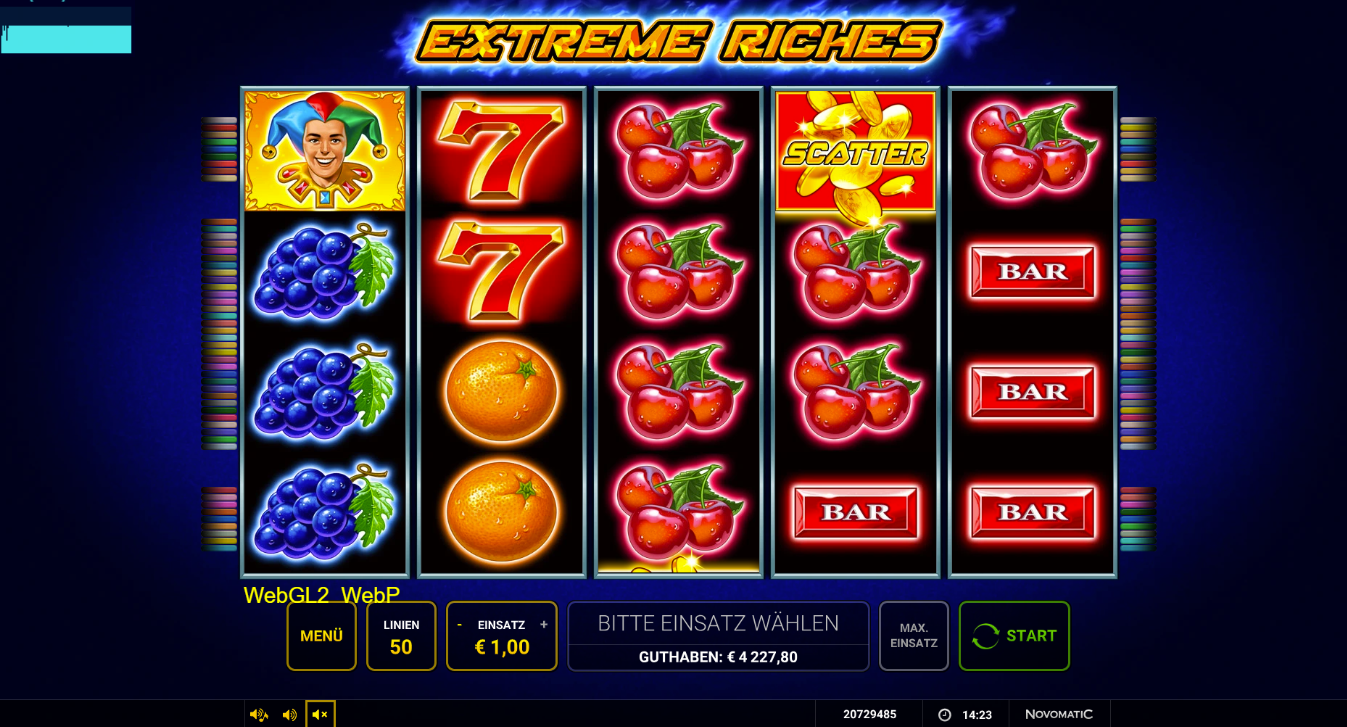 Extreme-Riches-Slot  mit Joker‑Wild, roten Siebenern, Kirschen, Trauben und Scatter‑Glocke.