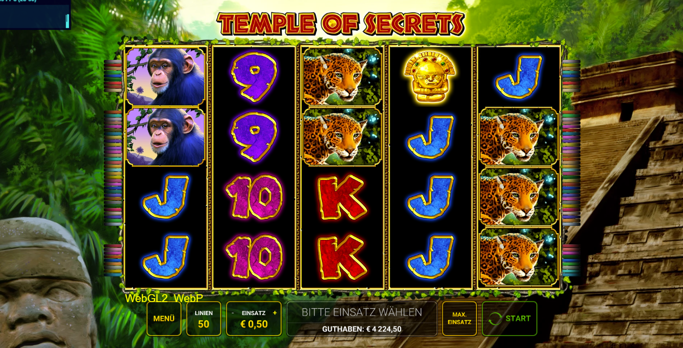 Temple-of-Secrets-Slot mit Jaguaren, goldener Maske, Kartenzeichen und Dschungel‑Hintergrund.