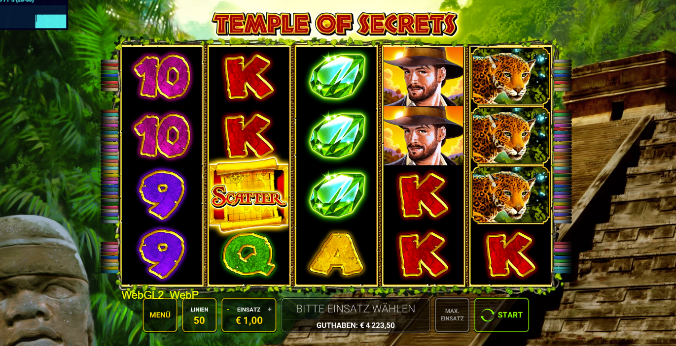 Temple-of-Secrets-Slot mit Jade‑Edelsteinen, Scatter‑Tempel, Jaguaren und roten Kartenzeichen.