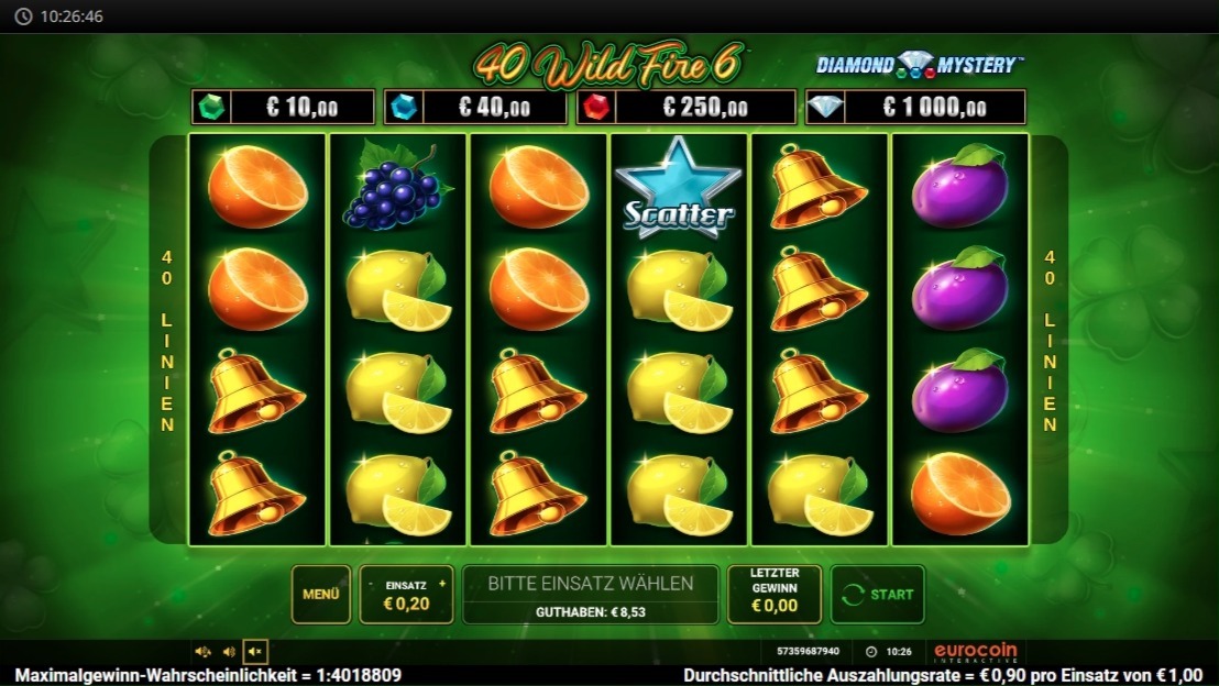 40 Wild Fire 6: gr&uuml;nes Slotspiel mit Fr&uuml;chten und Glocken