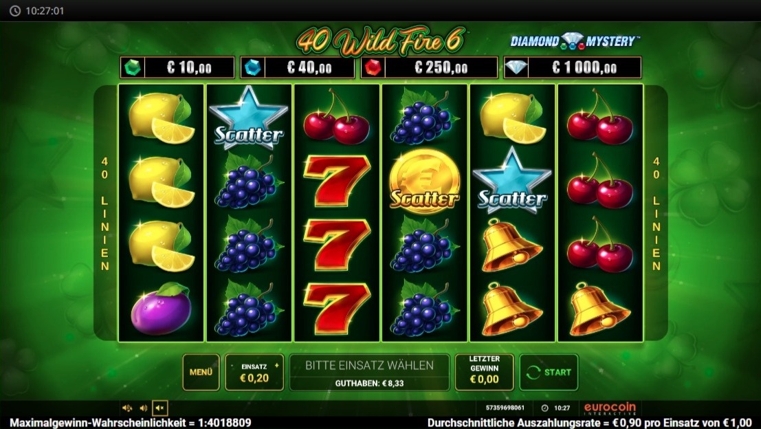40 Wild Fire 6: Slotspiel mit Fr&uuml;chten, Siebenen und Scatter-Symbolen
