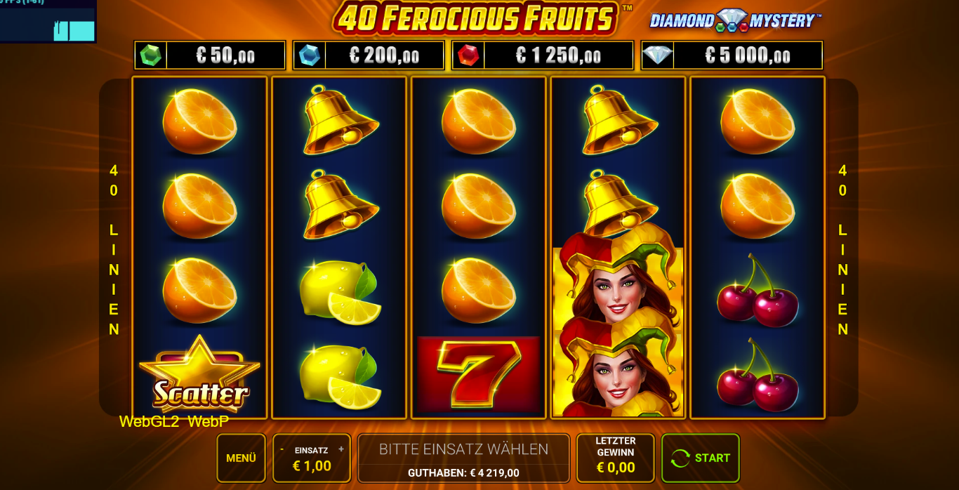 40-Ferocious-Fruits-Slot mit Orangen, Glocken, Zitronen, roter Sieben, Maskensymbol und Kirschen.