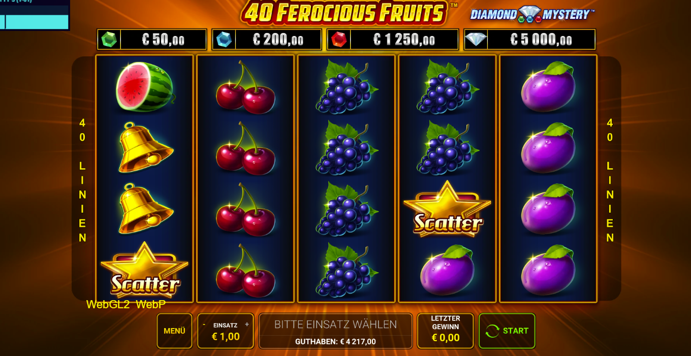 40-Ferocious-Fruits-Slot mit Melonen, Kirschen, Trauben, Glocken, Scatter‑Sternen und Pflaumen.