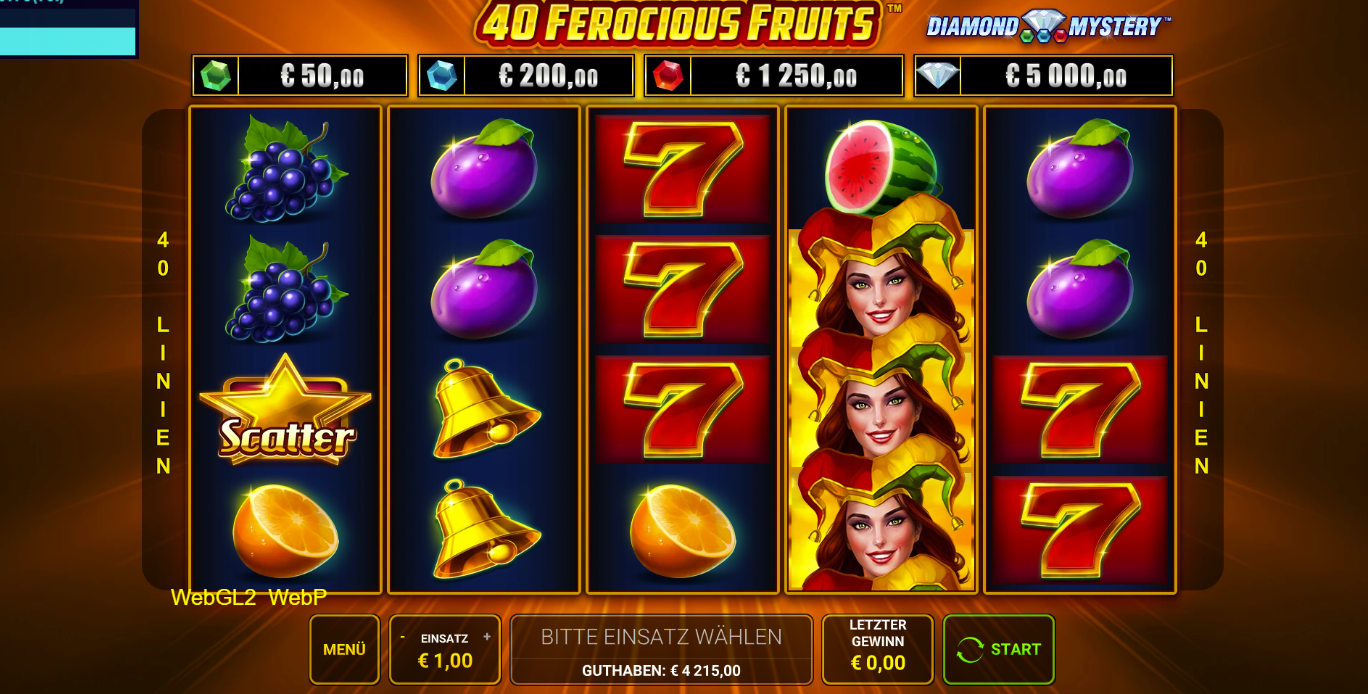 40-Ferocious-Fruits-Slot mit roten Sieben, Fr&uuml;chten, Masken‑Wild und einer Frau als gestapeltem Symbol.