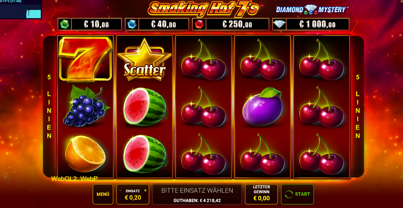 Smoking-Hot-7s-Slot mit roter Sieben, Scatter‑Stern, Kirschen, Melonen, Pflaume und Trauben.
