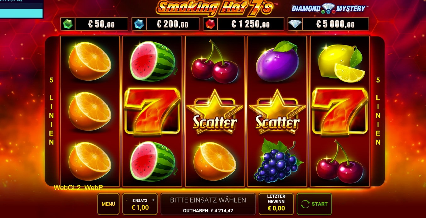 Smoking-Hot-7s-Slot mit Orangen, Melonen, Kirschen, Pflaume, Zitronen, Stern‑Scatter und roten Sieben.