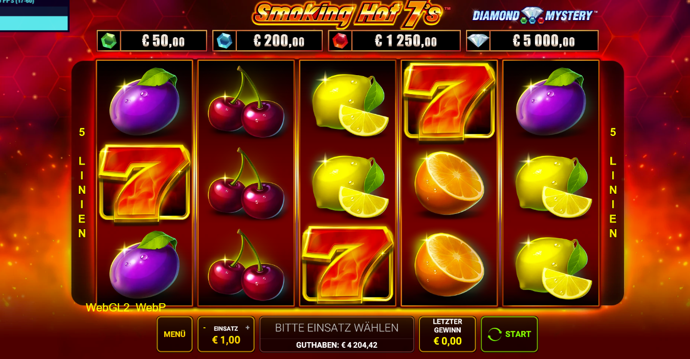 Smoking-Hot-7s-Slot mit roten Sieben, Zitronen, Pflaumen, Kirschen, Orangen und Melonen.