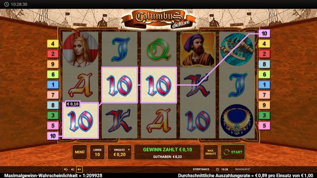 Columbus Deluxe: Slotspiel mit Karten-Symbolen und Gewinnlinie