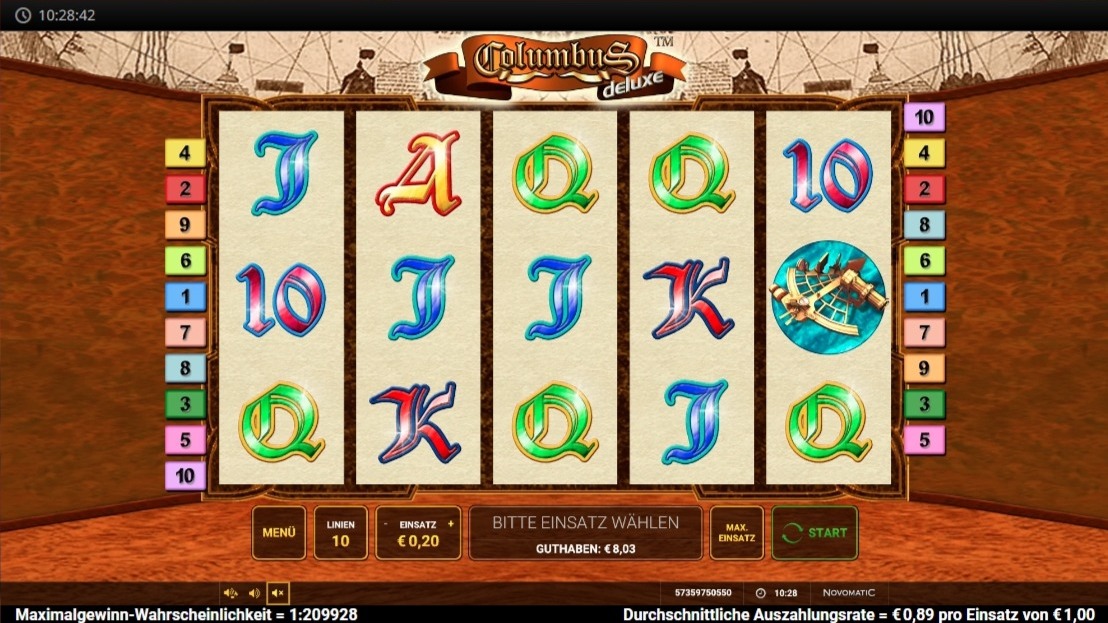 Columbus Deluxe: Slotspiel mit Karten-Symbolen und Schiff-Motiv