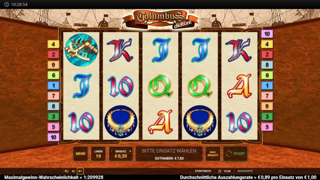 Columbus Deluxe: Slotspiel mit Karten-Symbolen und Schmuck-Motiv