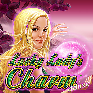 Spielgrafik von 'Lucky Lady's Charm Deluxe' mit Frau und leuchtender Kugel.