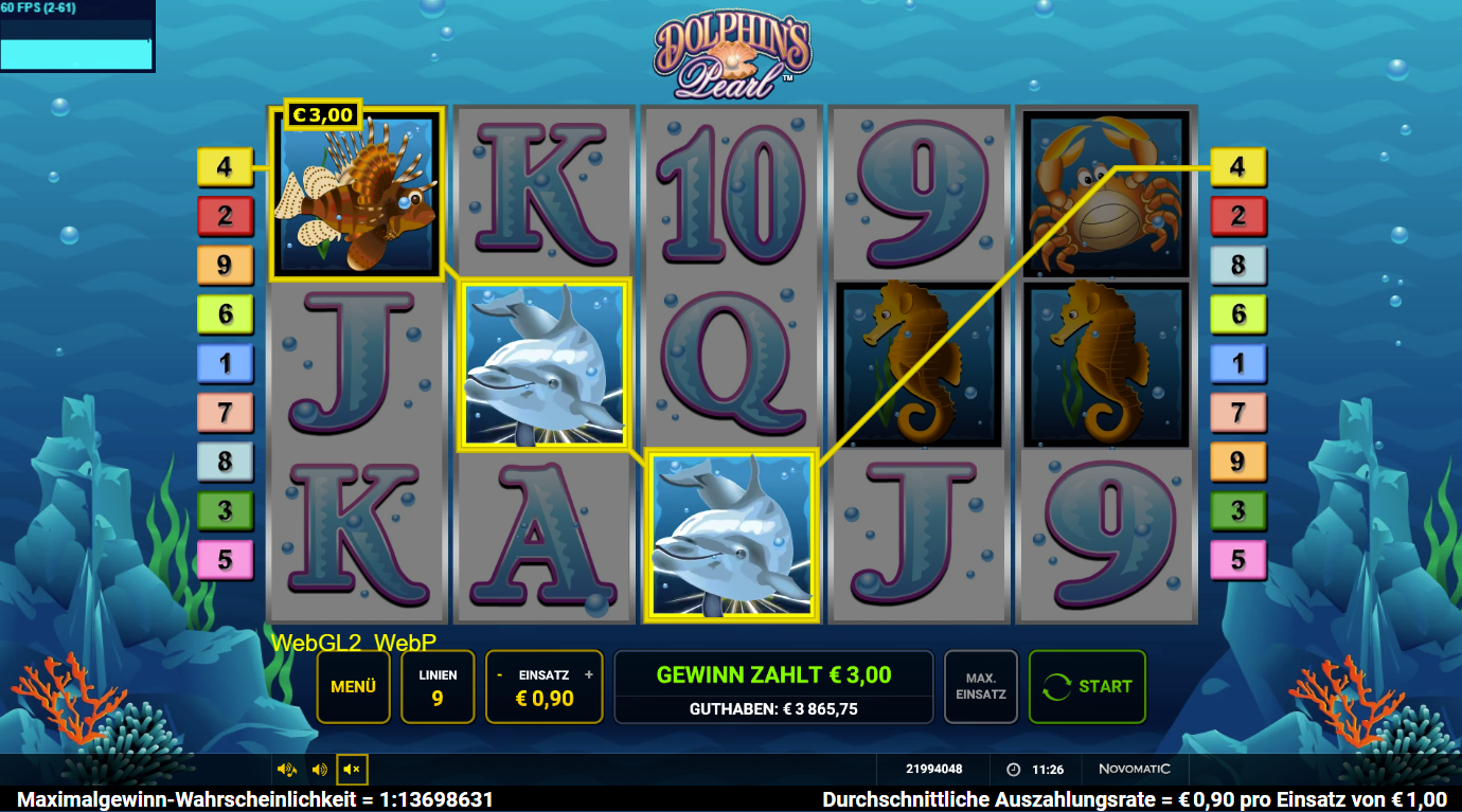 Dolphin&acute;s-Pearl-Slot mit Gewinnlinie, Delfinen-Wild, Krabbe und Feuerfisch.