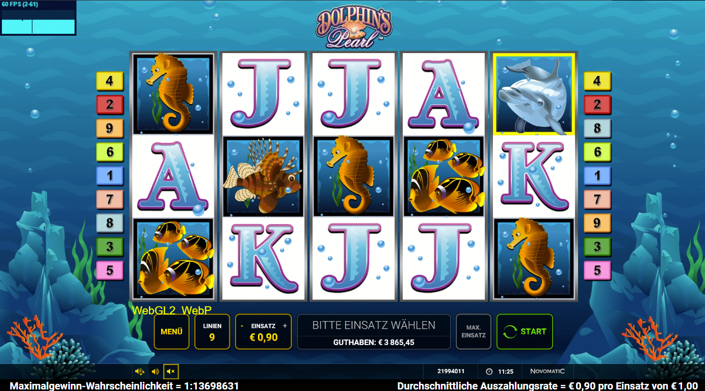 Dolphin&acute;s-Pearl-Slot mit Delfinen-Wild, Seepferdchen, Fischen, Krabbe und A‑K‑J‑9‑Symbolen.