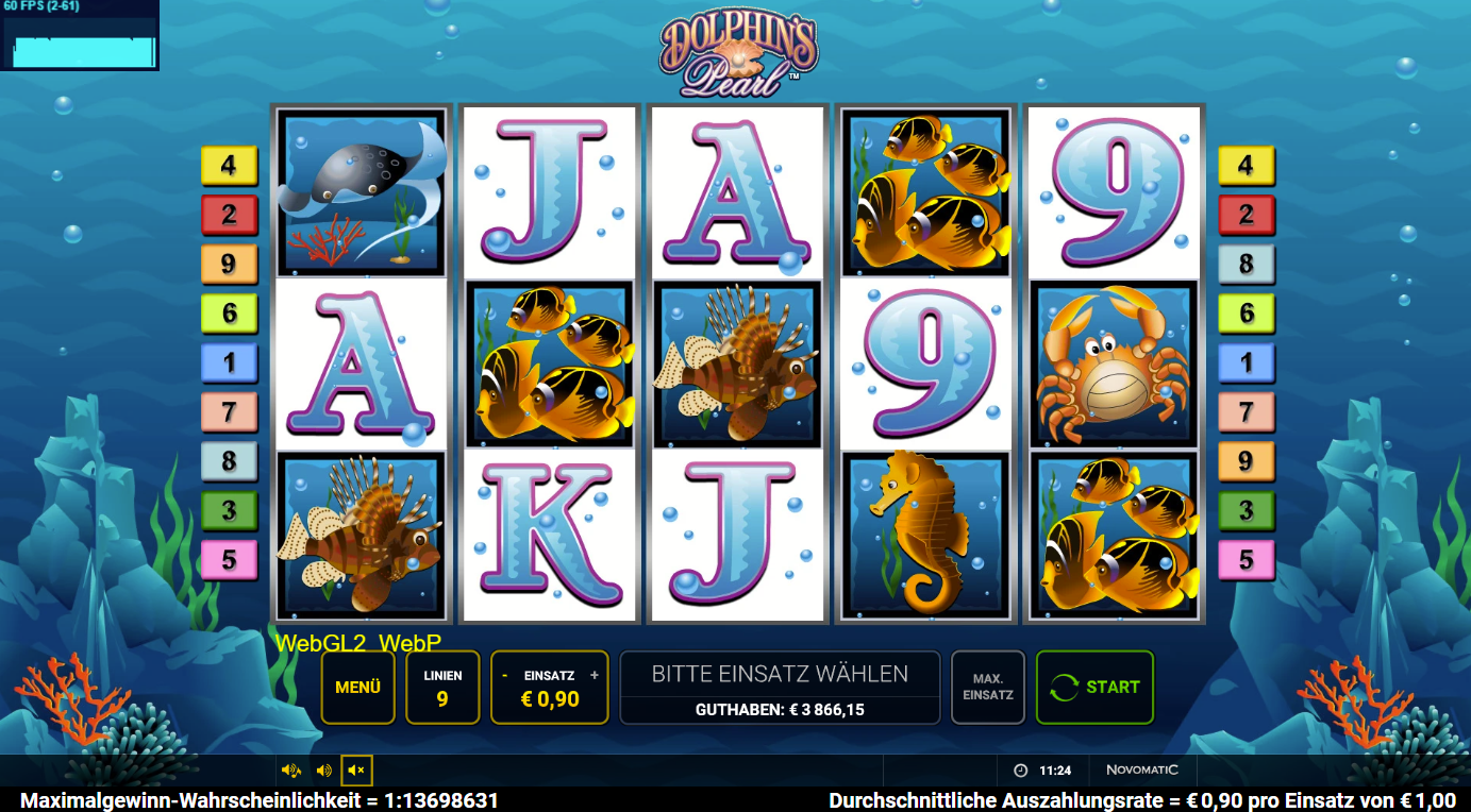 Dolphin&acute;s-Pearl-Slot mit Delfin, Krabbe, Seepferdchen, Fischen und A‑K‑J‑9‑Symbolen.