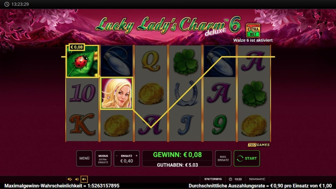 Lucky Lady&rsquo;s Charm deluxe 10: pinkes Slotspiel mit Kleeblatt und Gewinnlinie