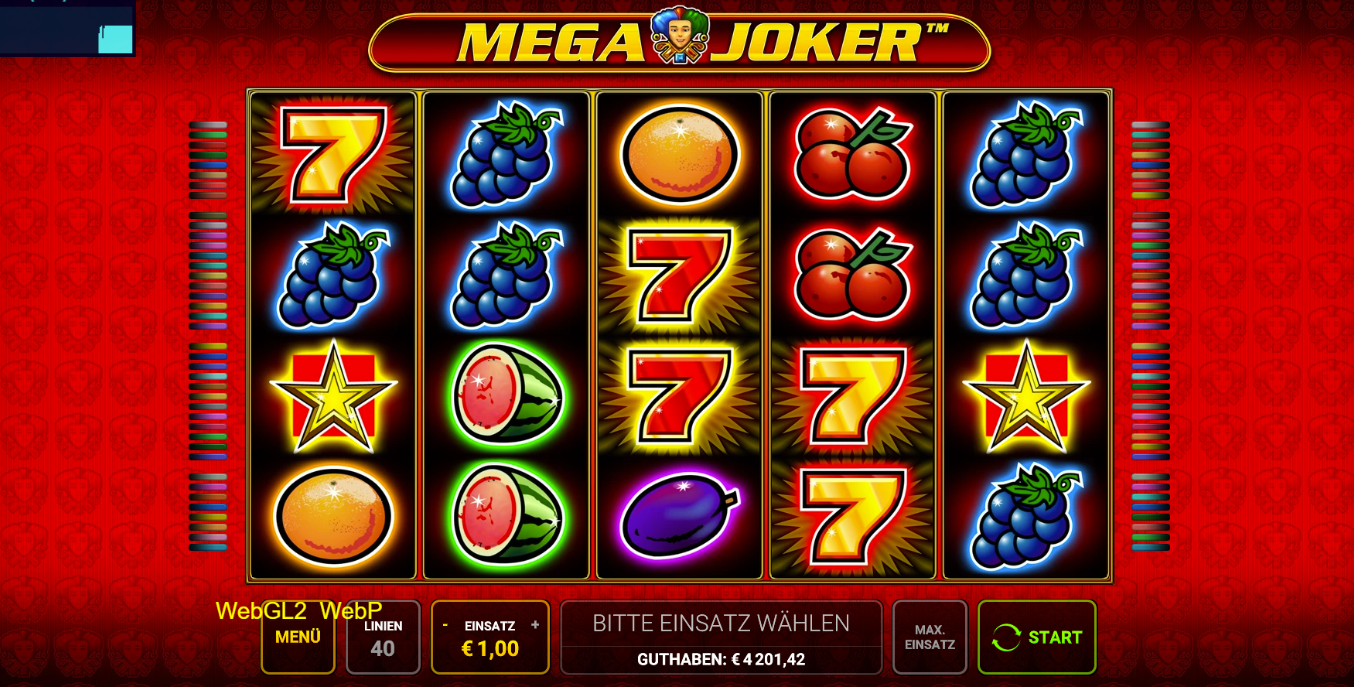 Mega-Joker-Slot mit roten Sieben, Orangen, Trauben, Kirschen, Sternen, Melonen und Pflaumen.