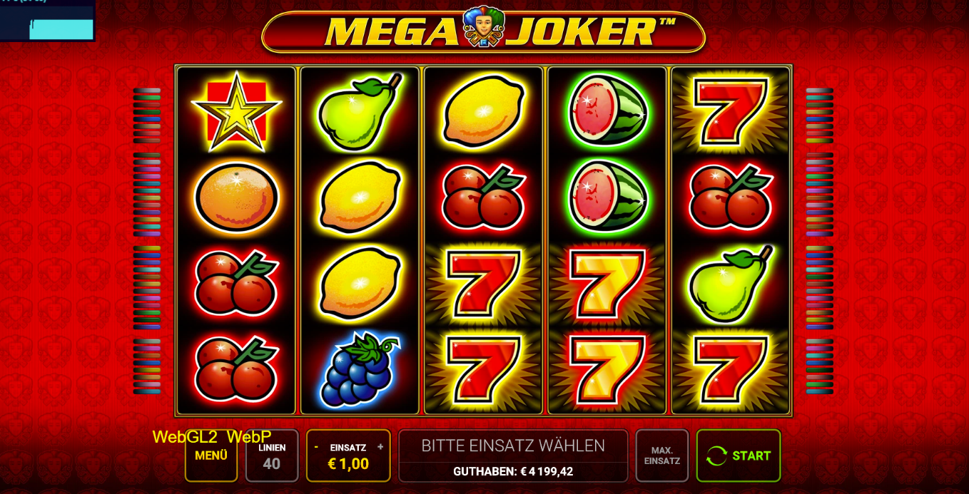 Mega-Joker-Slot mit Stern, Zitronen, Birnen, Melonen, Kirschen, Trauben und roten Sieben.