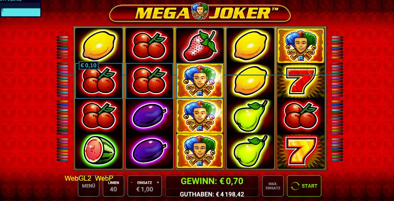 Mega-Joker-Slot mit Frucht&shy;symbolen, roten Sieben und mehreren goldenen Joker‑Wilds.