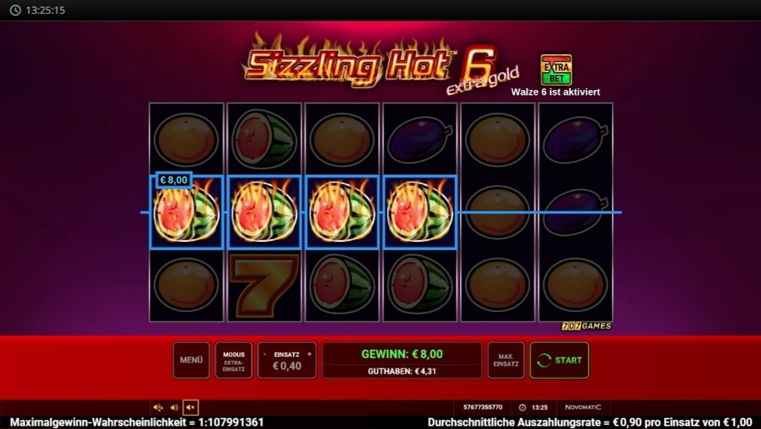 Sizzling Hot 6 extra gold: Frucht-Slotspiel mit Gewinnlinie und Melonen
