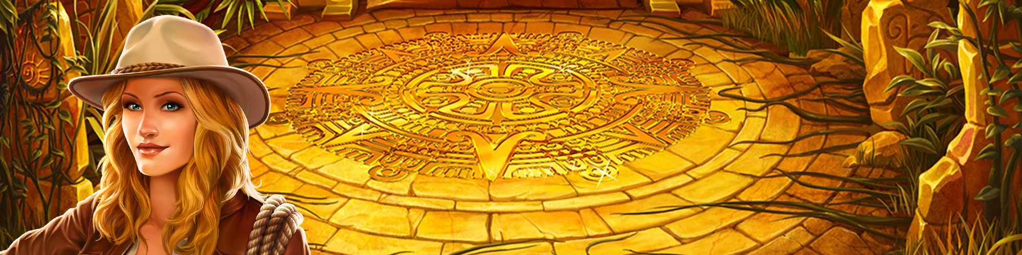 Goldener Tempel mit verzierter Sonnenscheibe und Entdeckerfigur.