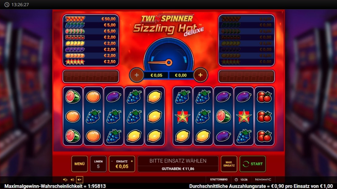 Twin Spinner Sizzling Hot deluxe: rotes Frucht-Slotspiel mit Doppelwalzen