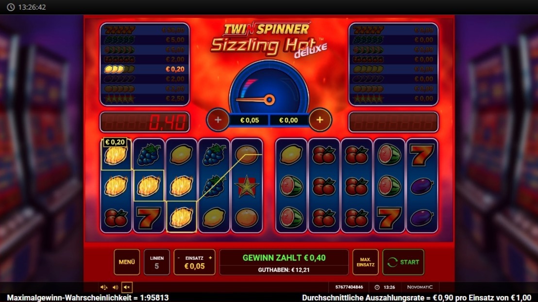 Twin Spinner Sizzling Hot deluxe: Frucht-Slotspiel mit Gewinnlinie