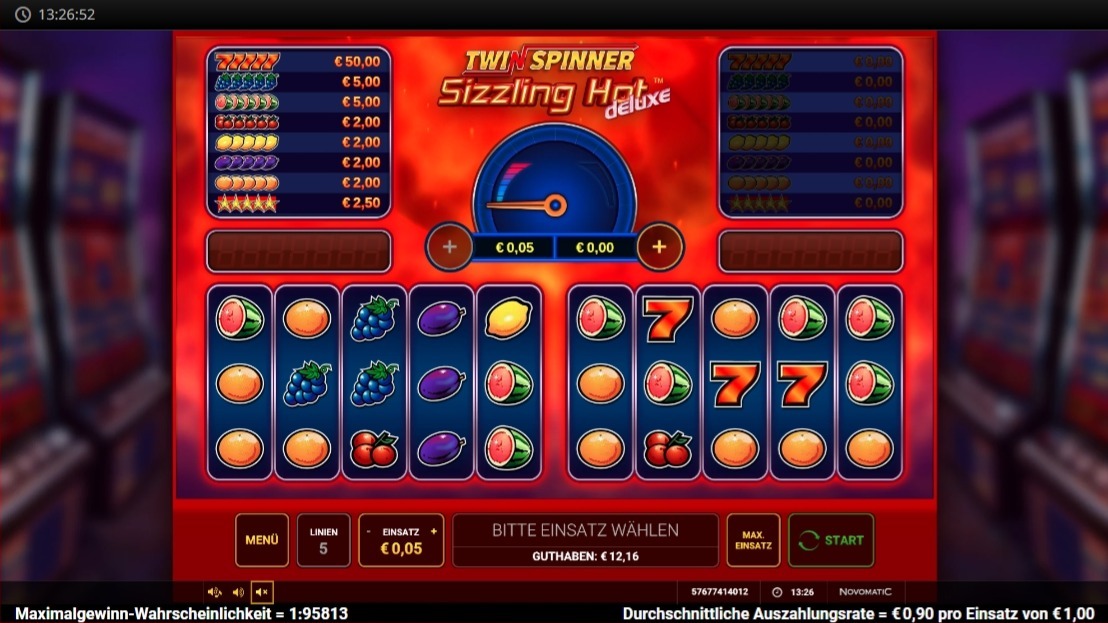 Twin Spinner Sizzling Hot deluxe: Frucht-Slotspiel mit Siebenen