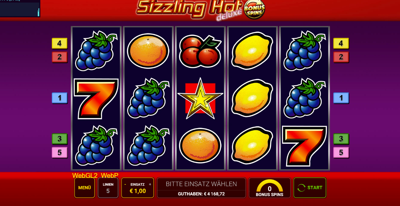 Sizzling-Hot-deluxe-Bonus-Spin-Slot mit Fr&uuml;chten, roten Siebenen, Stern und Walzen.