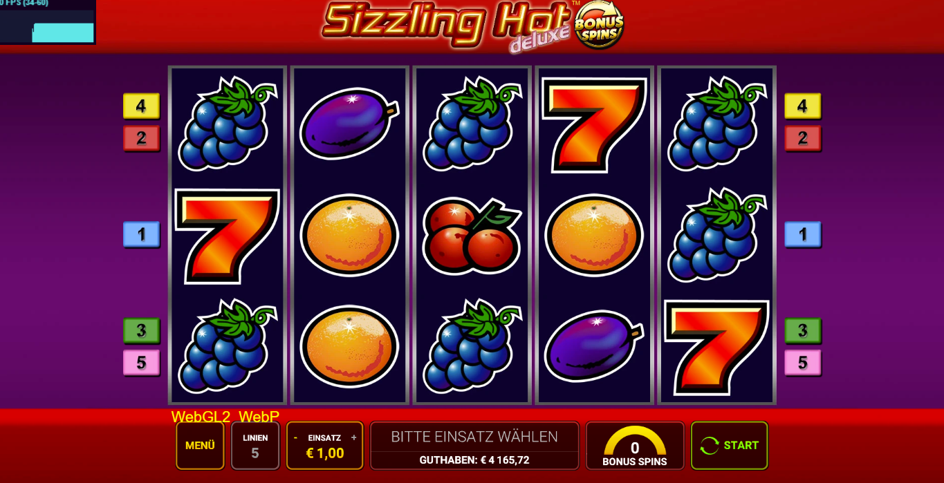 Sizzling-Hot-deluxe-Bonus-Spin-Slot mit Trauben, Orangen, Kirschen, Pflaumen und Siebenen.