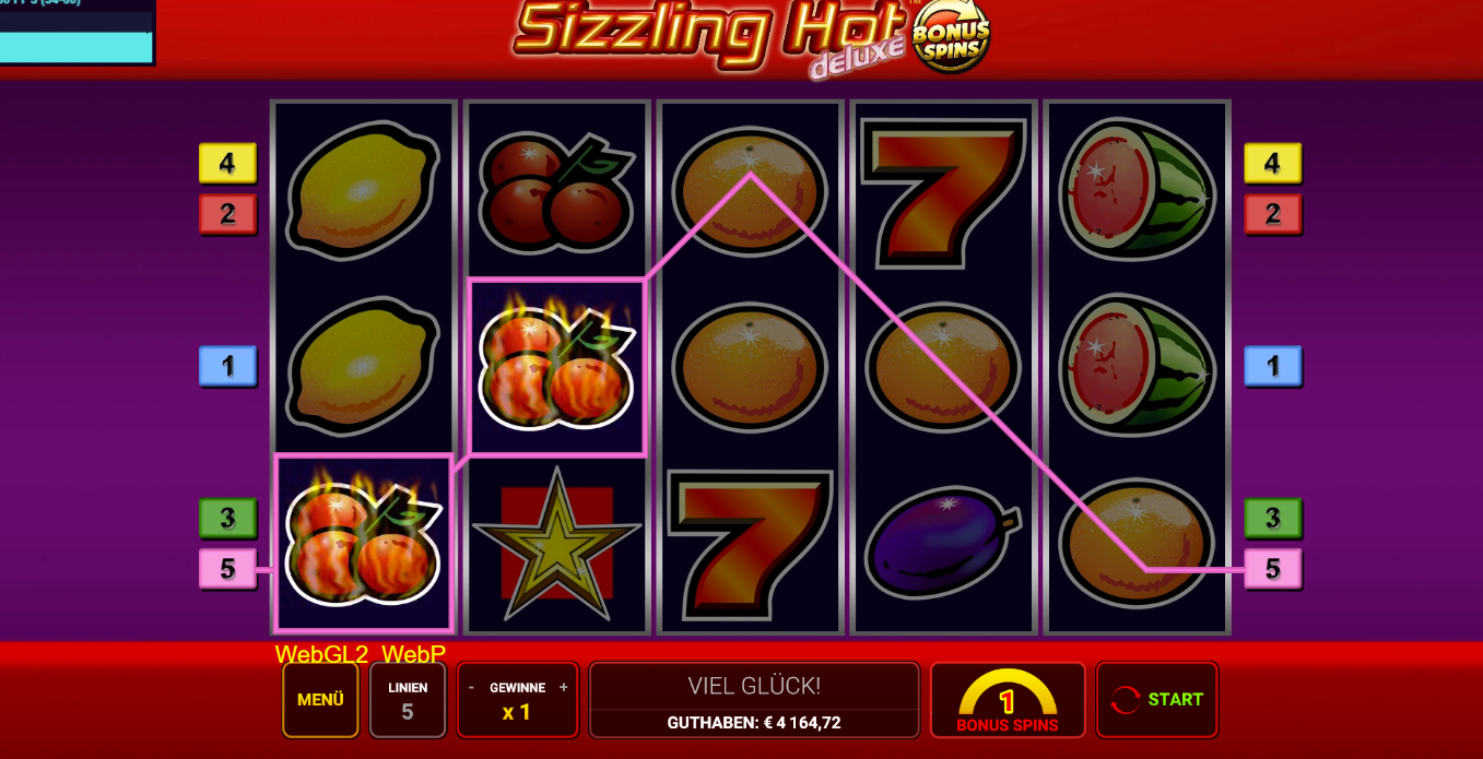 Sizzling-Hot-deluxe-Bonus-Spin-Slot mit Gewinnlinie, Fr&uuml;chten, Stern, Siebenen und Bonusspin.