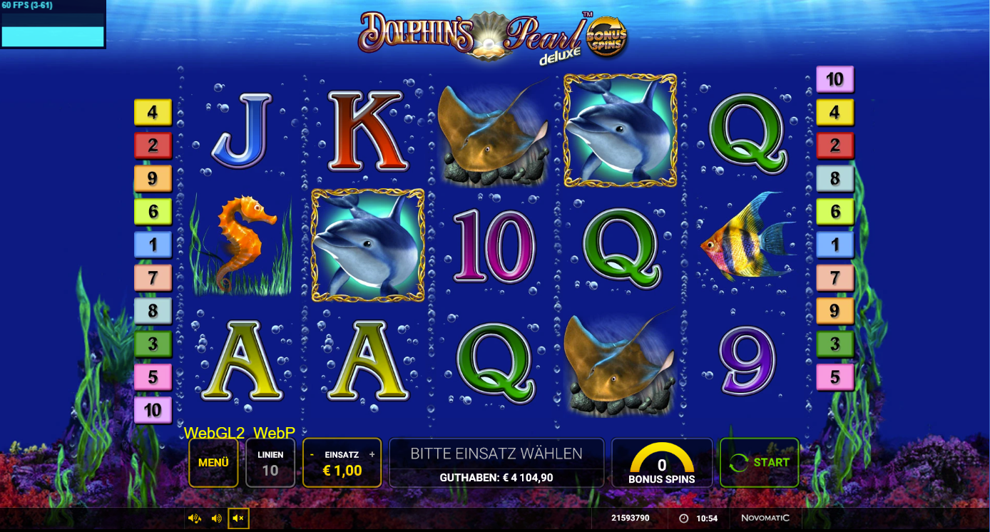 Dolphin&acute;s-Pearl-deluxe-Bonus-Spins-Slot mit Delfin‑Wild, Rochen, Seepferdchen und A‑K‑Q‑J‑10.