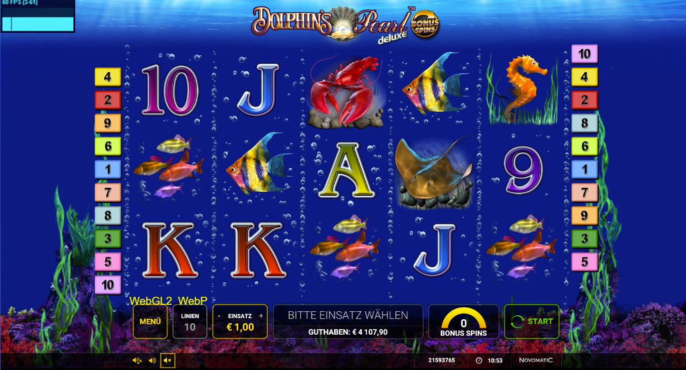 Dolphin&acute;s-Pearl-deluxe-Bonus-Spins-Slot mit Hummer, Fischen, Rochen, Seepferdchen und A‑K‑Q‑J‑10.