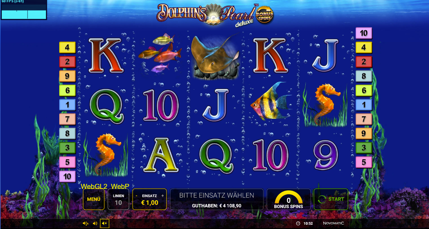 Dolphin&acute;s-Pearl-deluxe-Bonus-Spins-Slot mit Rochen, Fischen, Seepferdchen und A‑K‑Q‑J‑10.