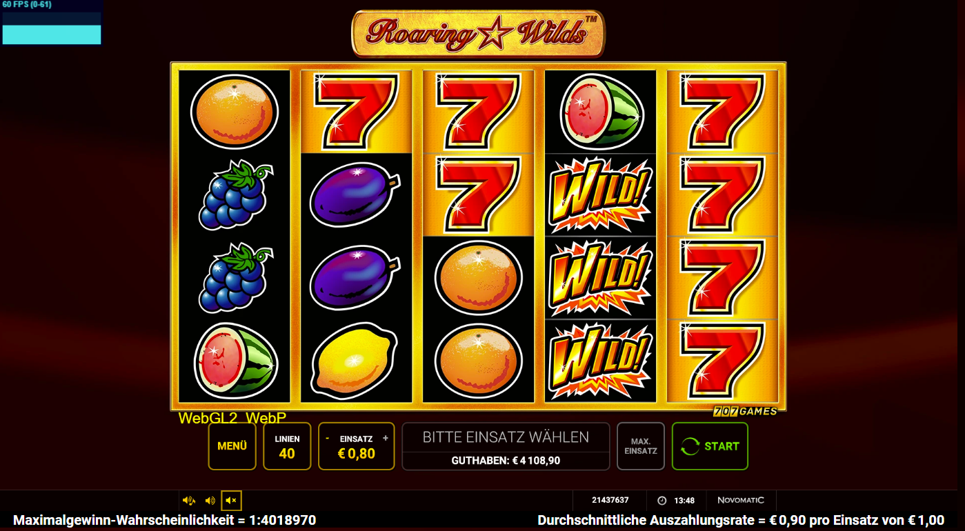 Roaring-Wilds-Slot mit gestapelten Wilds, roten Siebenen, Fr&uuml;chten und Gewinnlinie.