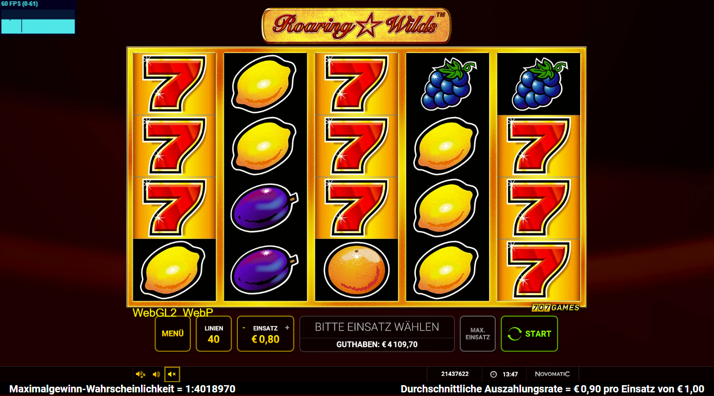 Roaring-Wilds-Slot mit roten Siebenen, Trauben, Zitronen und Orangen.