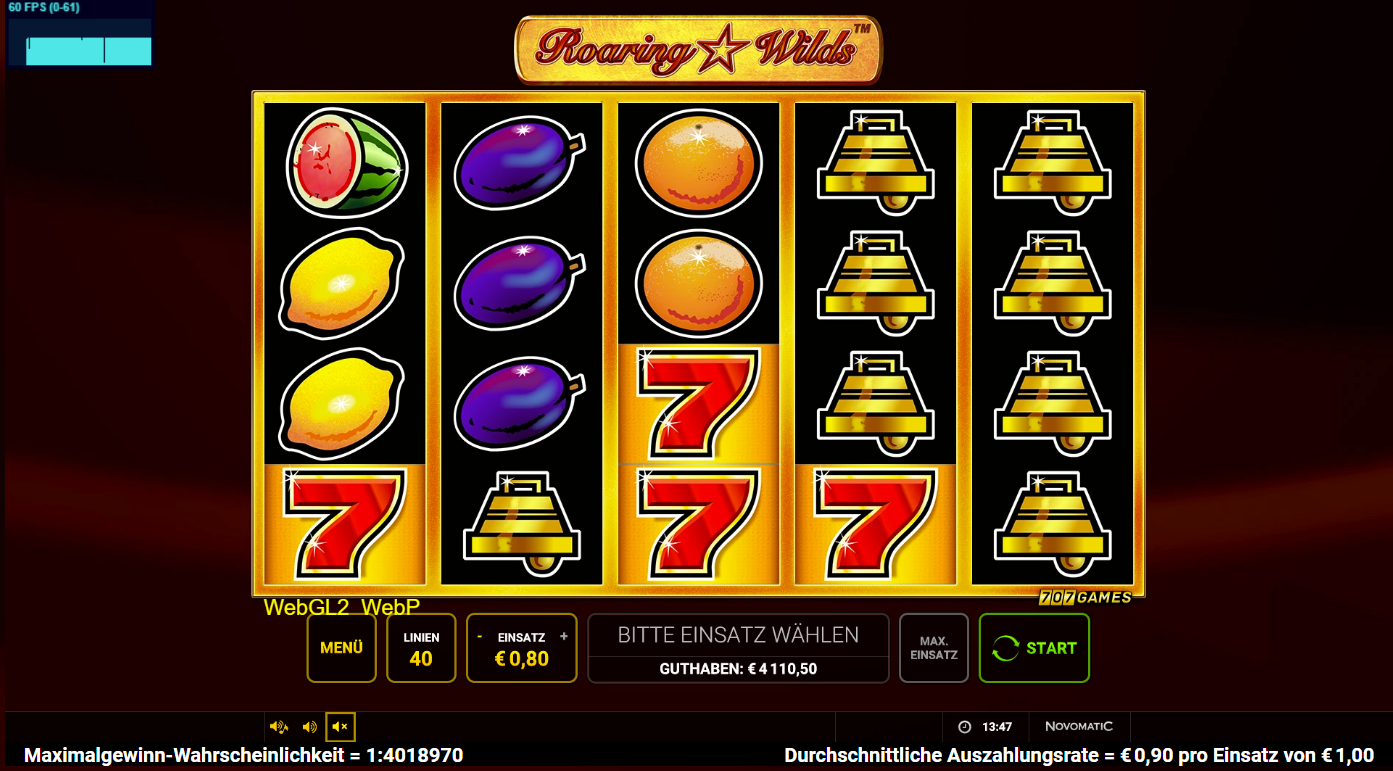 Roaring-Wilds-Slot mit roten Siebenen, Glocken, Melonen, Zitronen und lila Pflaumen.