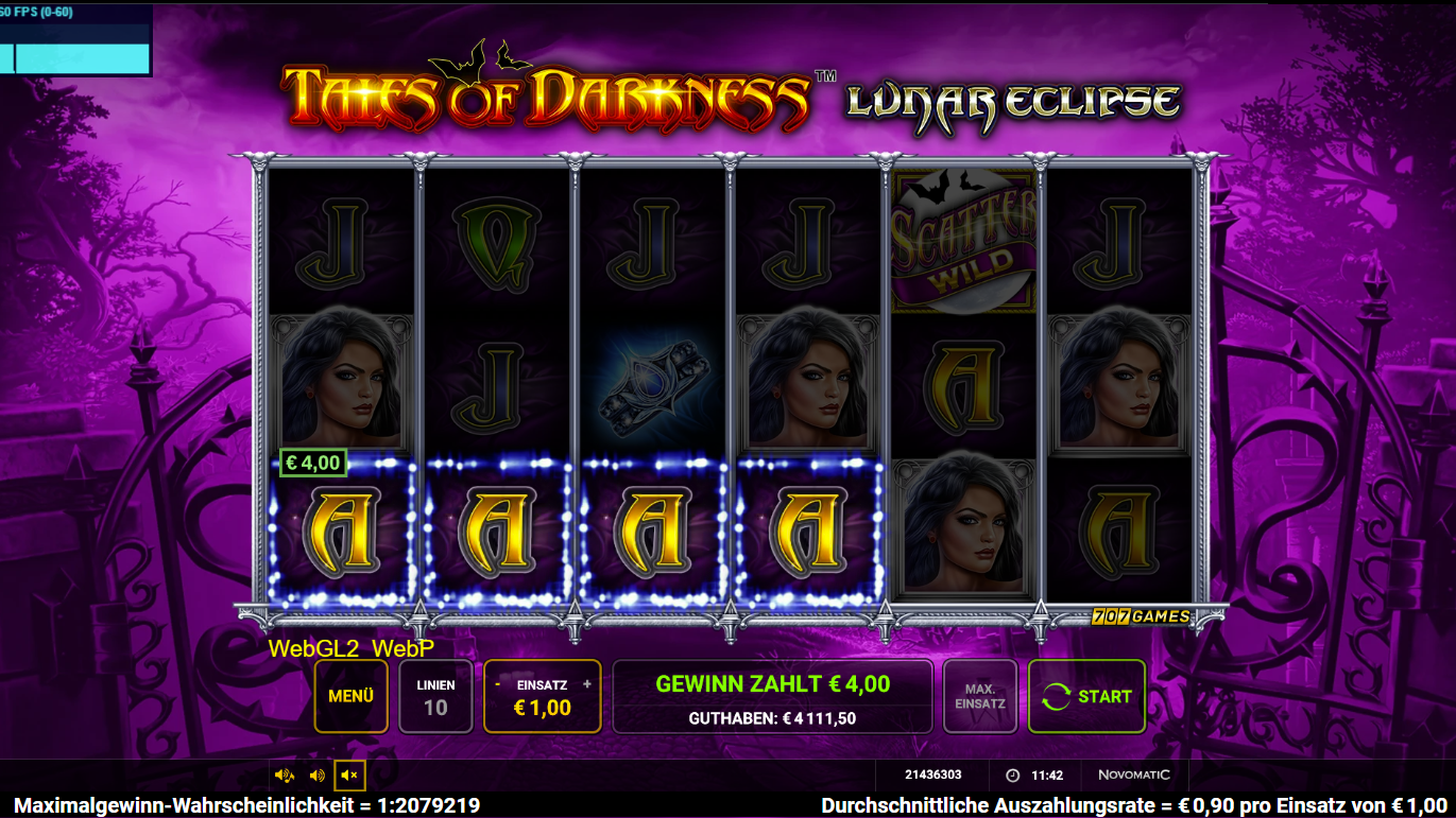 Tales-of-Darkness-Lunar-Eclipse-Slot mit Gewinnlinie und A‑Symbolen.