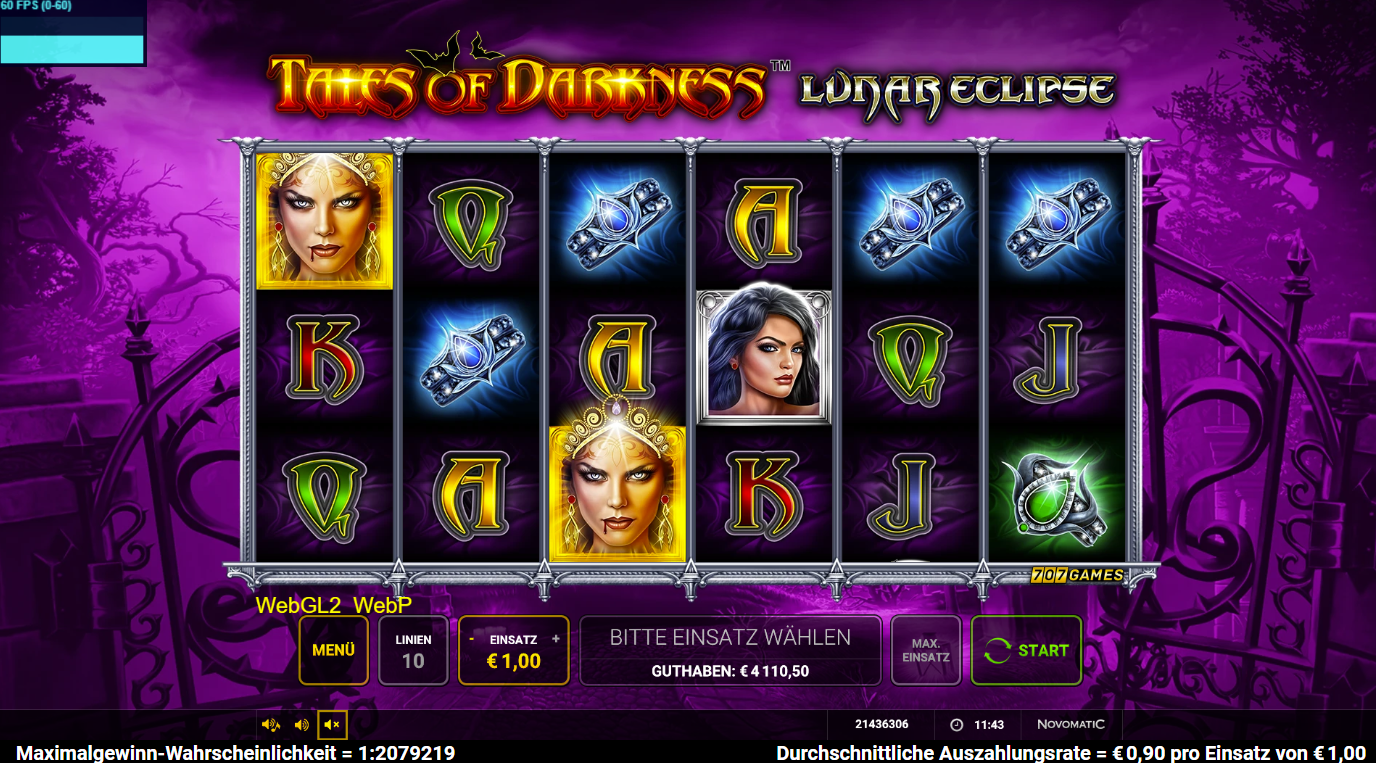 Tales-of-Darkness-Lunar-Eclipse-Slot mit Vampir‑Portr&auml;ts, Ringen, Scatter und A‑K‑Q‑J.